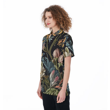 "Faith Ephesians 2:8" Black & Pink Floral Women's Polo Shirt with Button Placket and Polo Collar - Pique Fabric