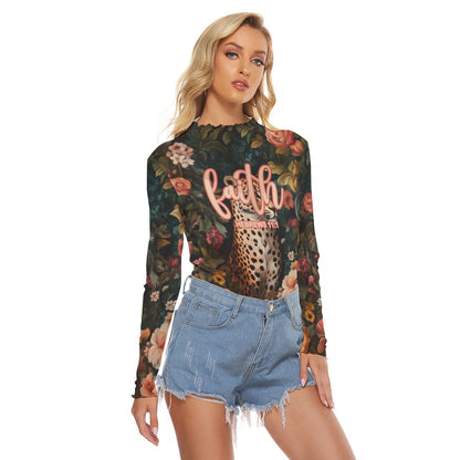 Leopard Floral Print Women's Mesh T-shirt Long Sleeve "Faith Hebrews 11:1"
