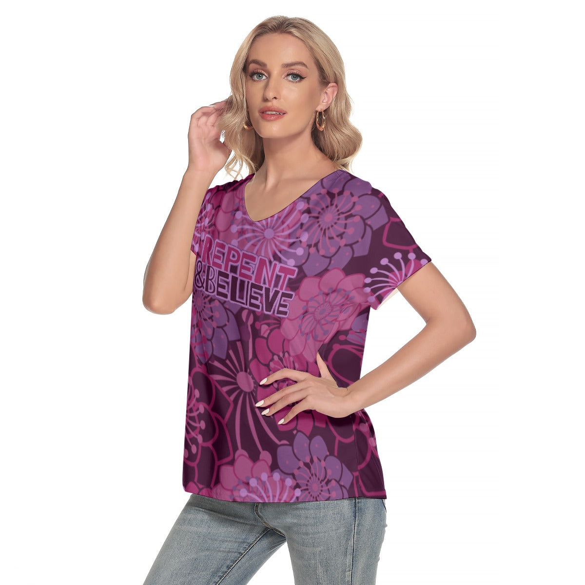 Purple Hayes "Repent & Believe" Women's Loose V-neck Short Sleeve T-shirt