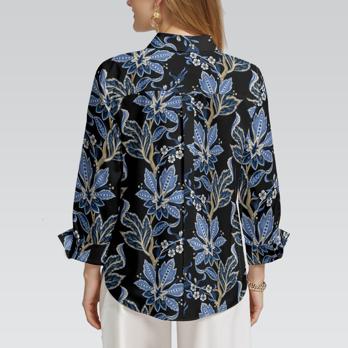 "Repent & Believe" Blue Floral Women's 3/4 Sleeve Button-Down Shirt - Lightweight Polyester Blend