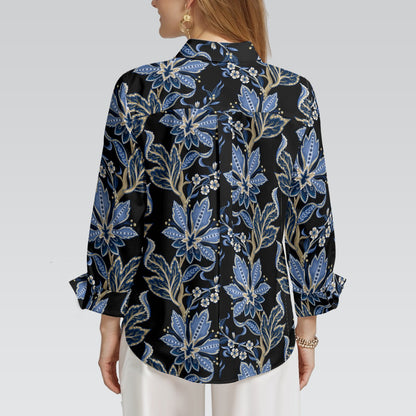 "Repent & Believe" Blue Floral Women's 3/4 Sleeve Button-Down Shirt - Lightweight Polyester Blend