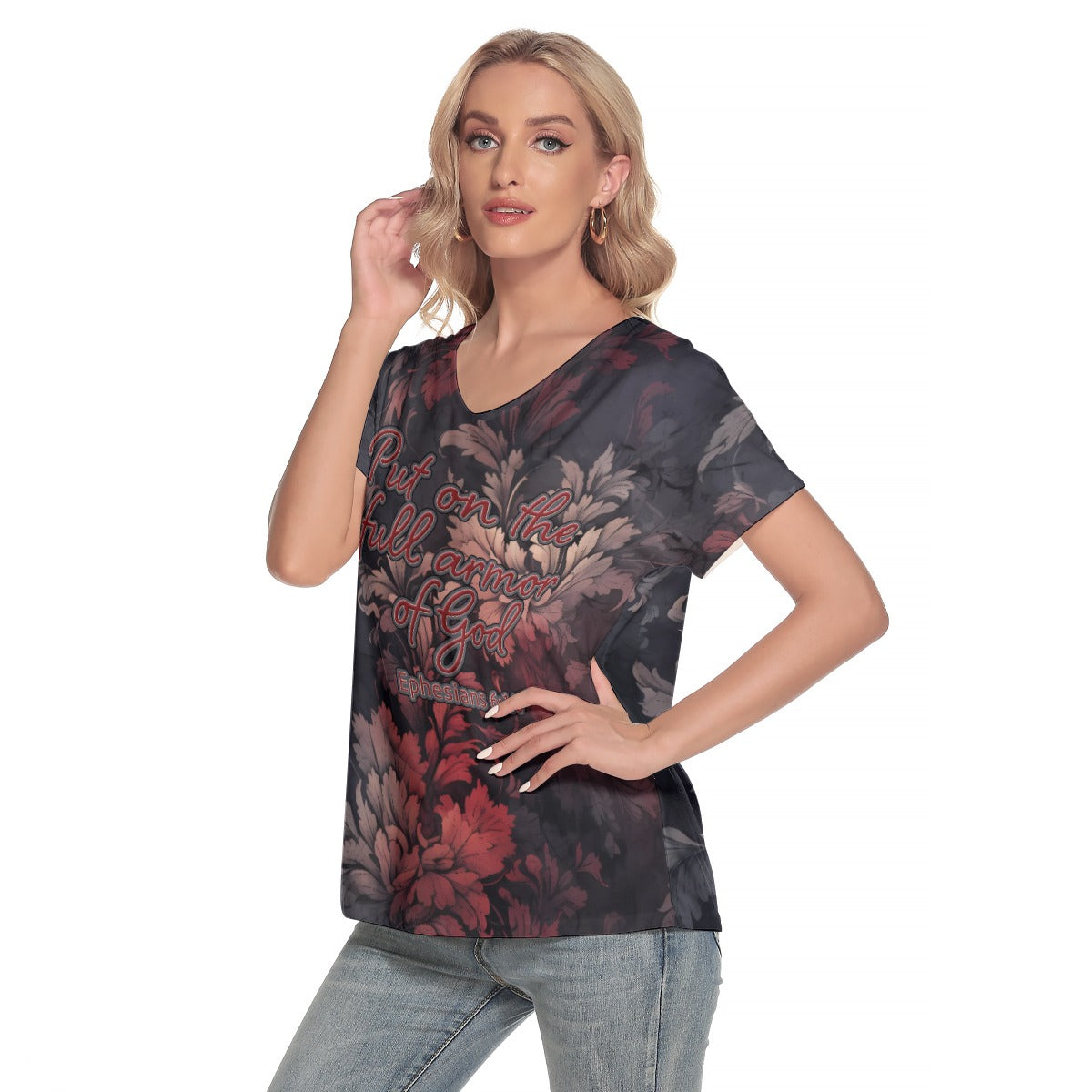"Put on the full armor of God" Red & Gray Floral Women's Loose V-neck Short Sleeve T-shirt