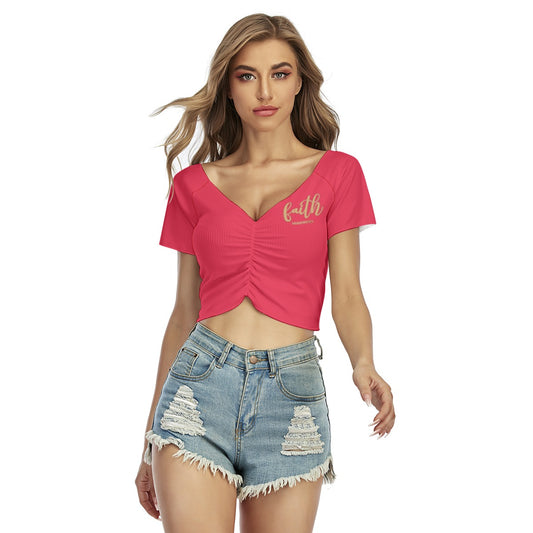 Pinkish Red V-Neck Cropped Tee for Women - "Faith Hebrews 11:1"