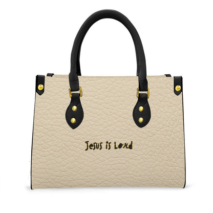 "Jesus is Lord" Faux Cream Leather Women's Tote Bag With Black Handle