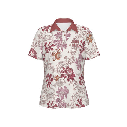 "John 14:6" Red & White Floral Print Women's Sports Polo Shirt with Stretch Fabric