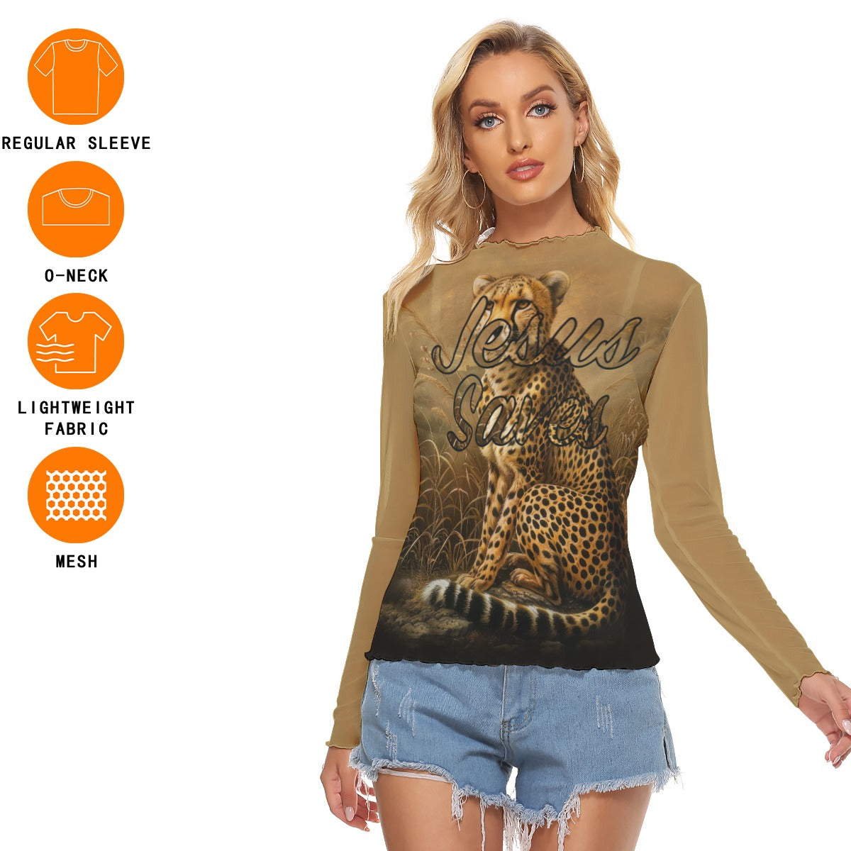 "Jesus Saves" Leopard Print Women's Mesh T-Shirt, Long Sleeve & Unique Fit