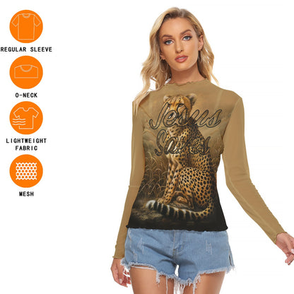 "Jesus Saves" Leopard Print Women's Mesh T-Shirt, Long Sleeve & Unique Fit