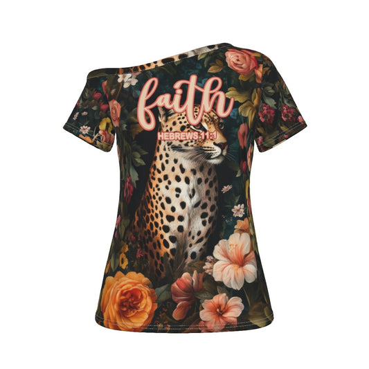 T-shirt with leopard and floral design featuring the word 'faith' on a white background