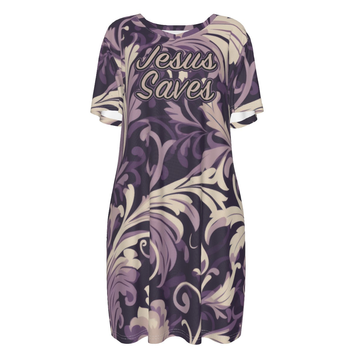 "Jesus Saves" Purple Floral Women's Short Sleeve Jersey Dress, Loose Style for All Seasons Comfort