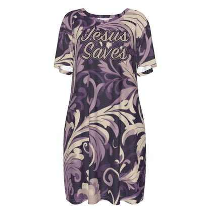 "Jesus Saves" Purple Floral Women's Short Sleeve Jersey Dress, Loose Style for All Seasons Comfort