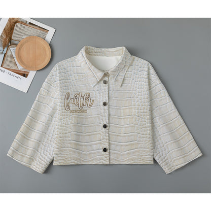 "Faith Ephesians 2:8" Cream Alligator Print  Women's Cropped Jacket | 245GSM Cotton