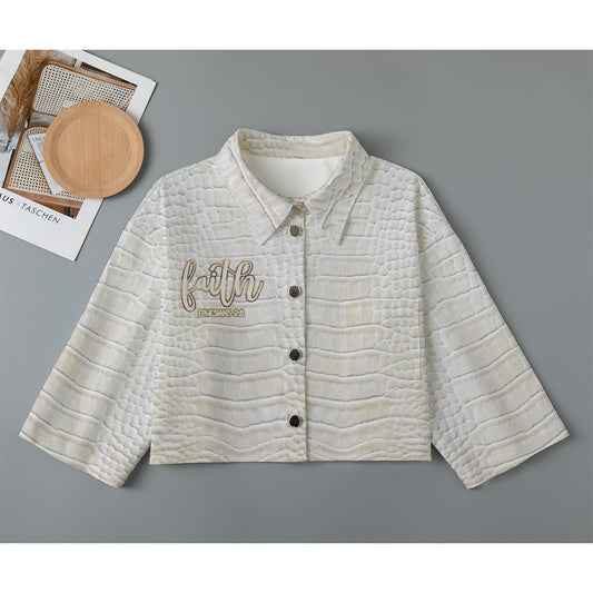 "Faith Ephesians 2:8" Cream Alligator Print  Women's Cropped Jacket | 245GSM Cotton