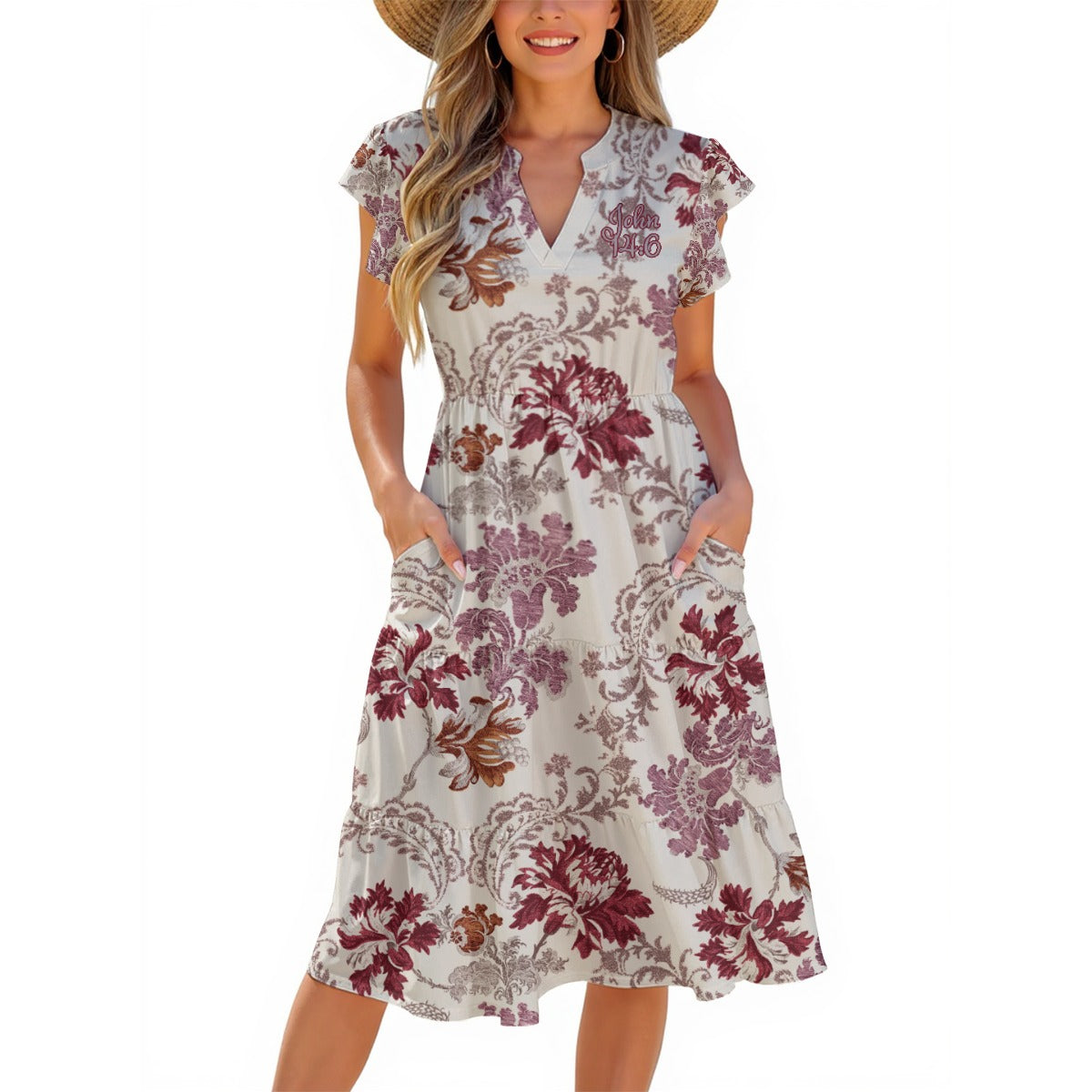 "John 14:6" Red & White Floral Cap Sleeve Midi Dress for Women, V-Neck Lightweight Soft Milk Silk Dress