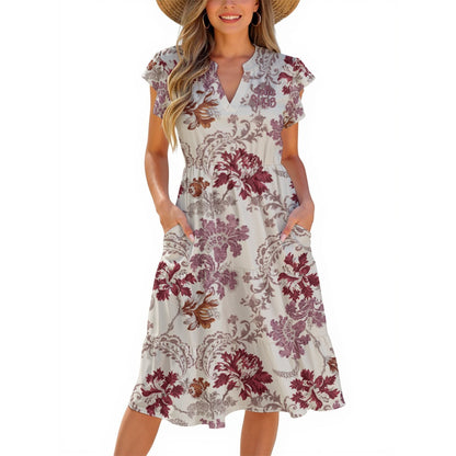 "John 14:6" Red & White Floral Cap Sleeve Midi Dress for Women, V-Neck Lightweight Soft Milk Silk Dress