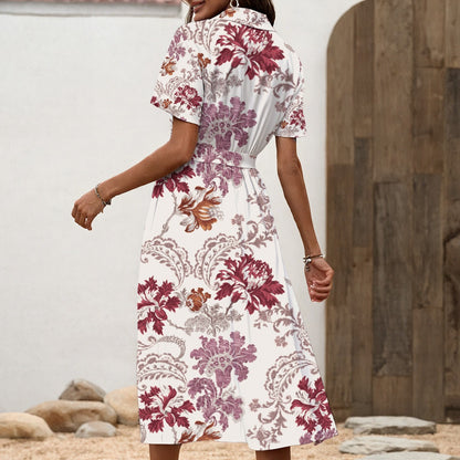 "John 14:6" Red & White Floral Women's Shirt Dress with Waist Tie