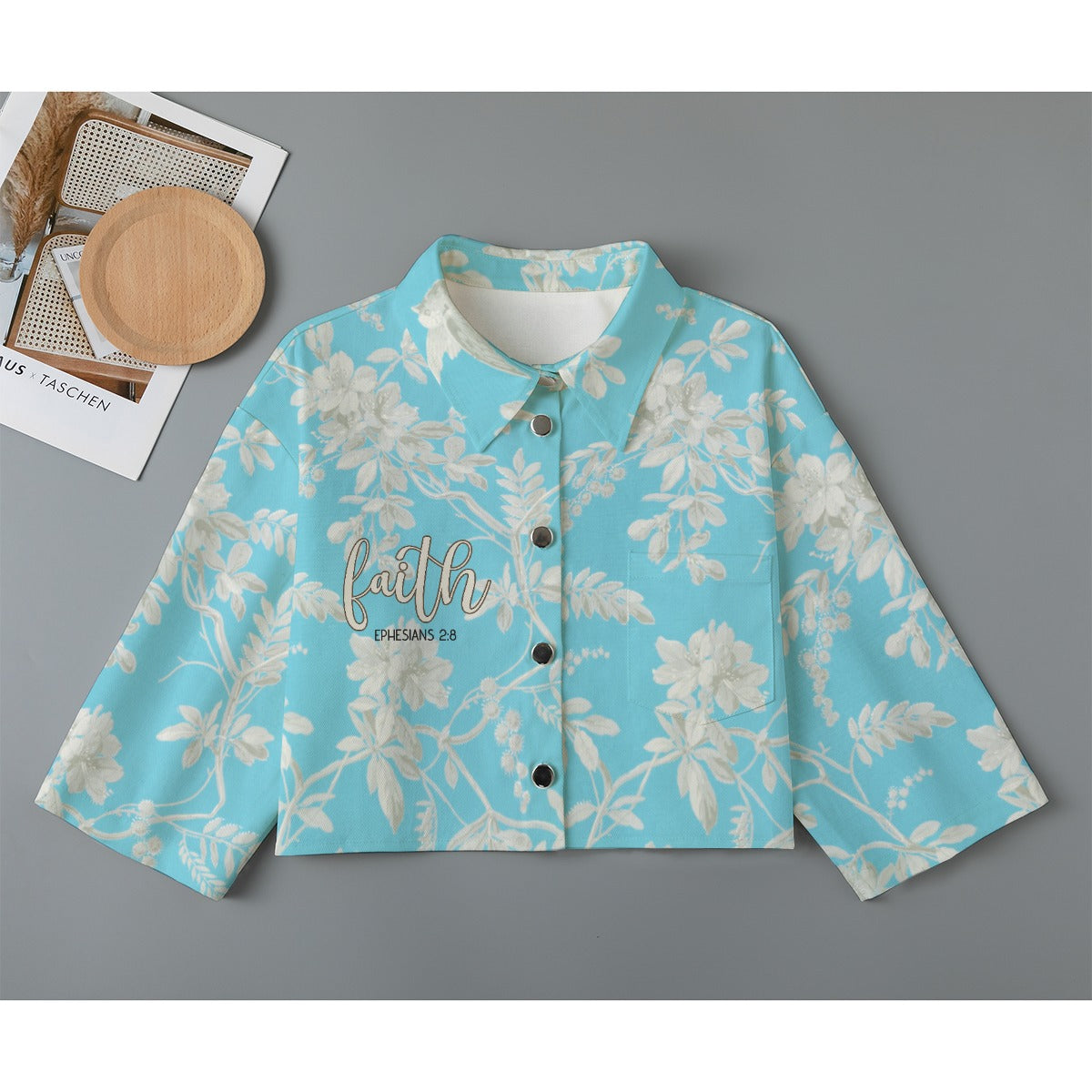 Blue Floral Print Women's Cropped Jacket | 245GSM Cotton "Faith Ephesians 2:8"
