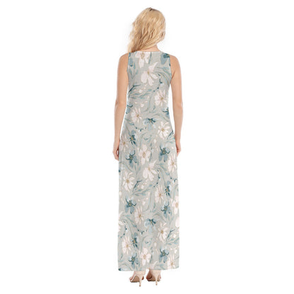 "Jesus Saves" Blue Floral Women's Vest Dress | Length to Ankle | Jersey Fabric