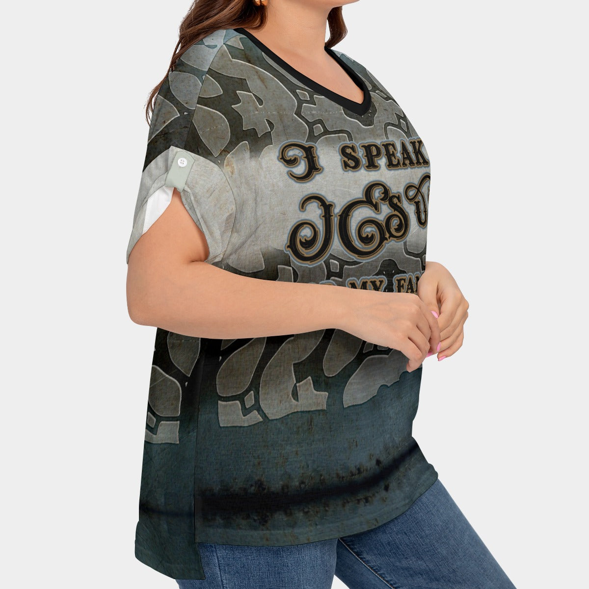Women's Drop-shoulder Short Sleeve T-shirt With Sleeve Loops(Plus Size) "I Speak Jesus for my Family"