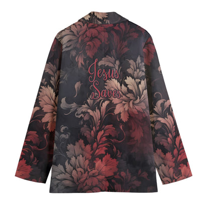 Barb's Fav Jesus Saves Red & Black Floral Polyester Women's Blazer