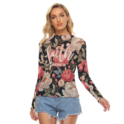 Faith Ephesians 2:8 Pink Black Floral Mesh Women's T-shirt Long Sleeve