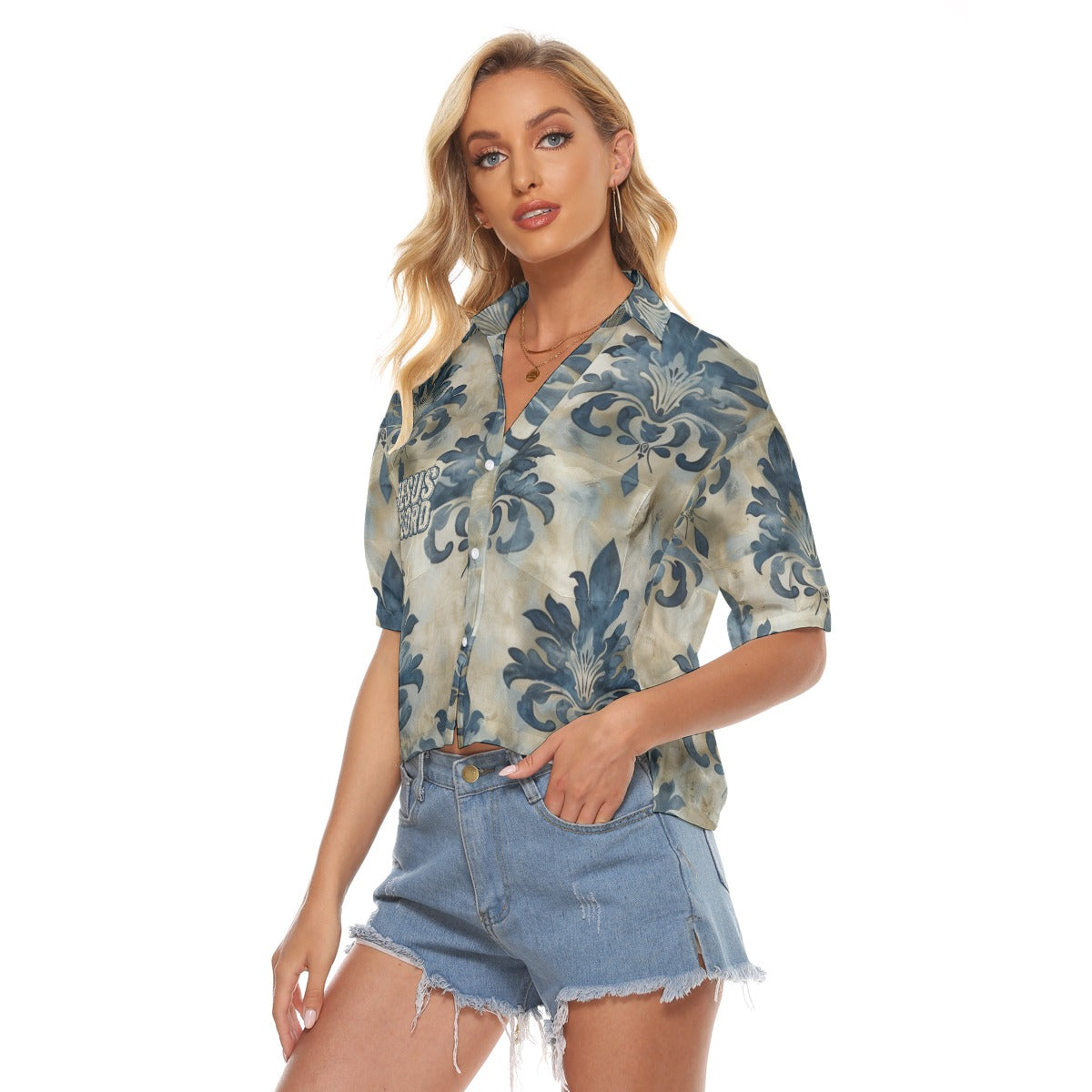 "Jesus is Lord" Faux Vintage Damask Pattern Women's V-neck Shirts