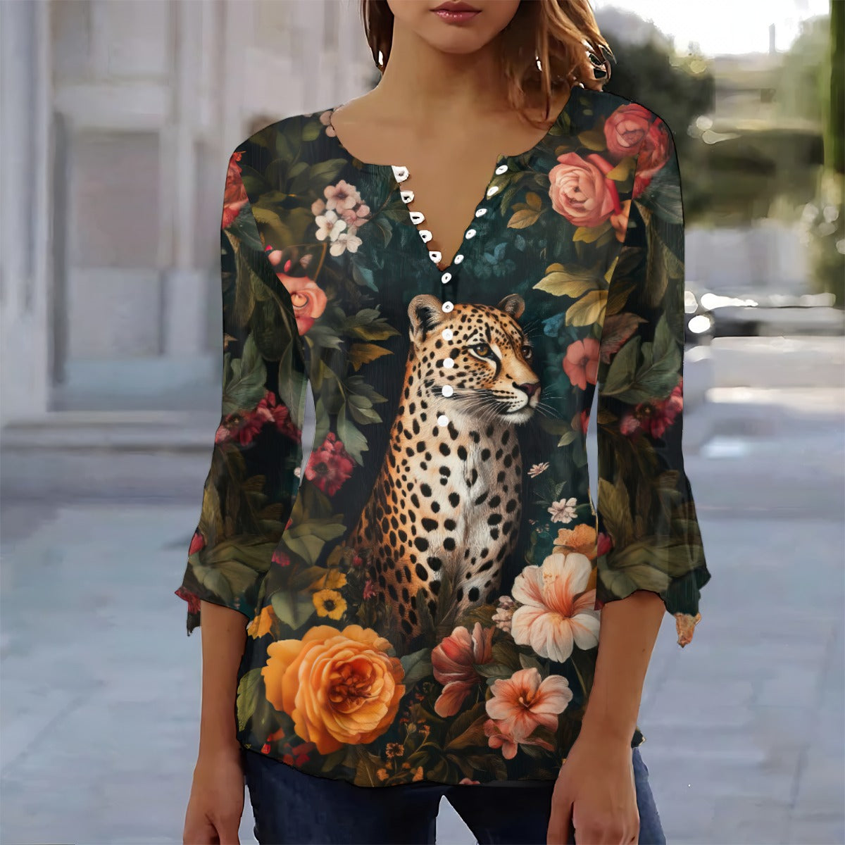 Leopard Floral Print Women's 3/4 Sleeve T-Shirt with V-Neck and Abstract Art Design