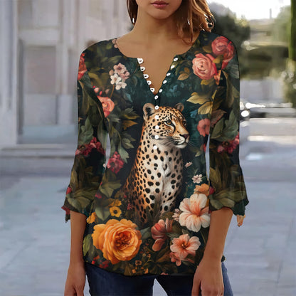 Leopard Floral Print Women's 3/4 Sleeve T-Shirt with V-Neck and Abstract Art Design