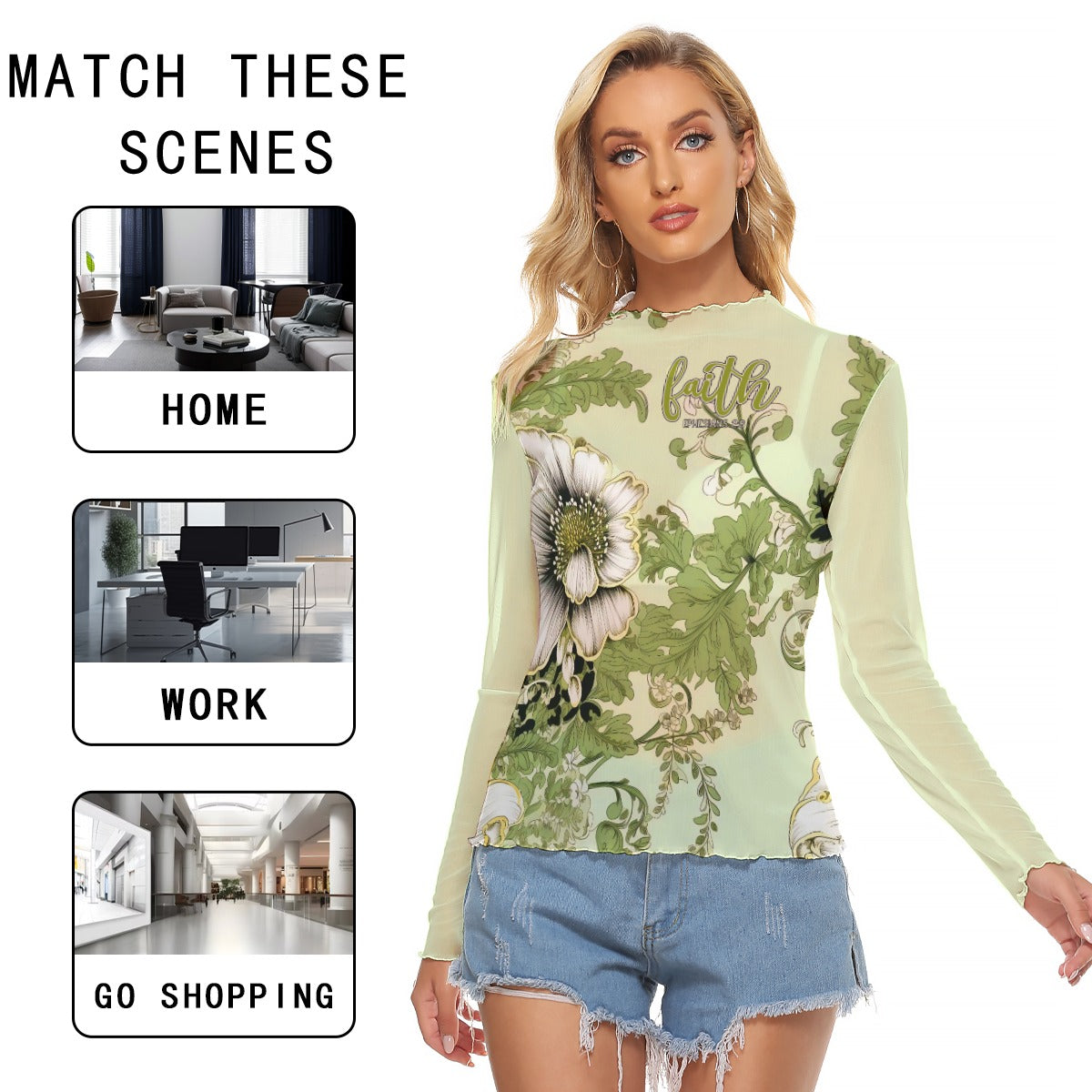 Lime Green Floral Print Women's Mesh T-shirt "Faith Ephesians 2:8"