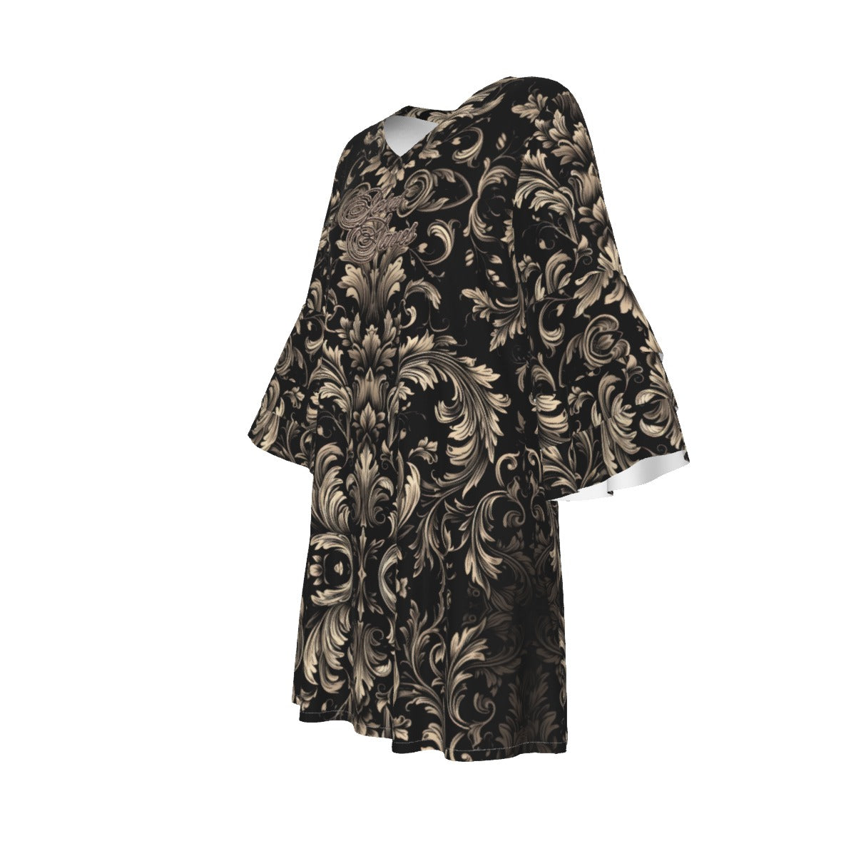 "Jesus Saves" Black & Gold Damask Women's Stacked Ruffle Sleeve Dress
