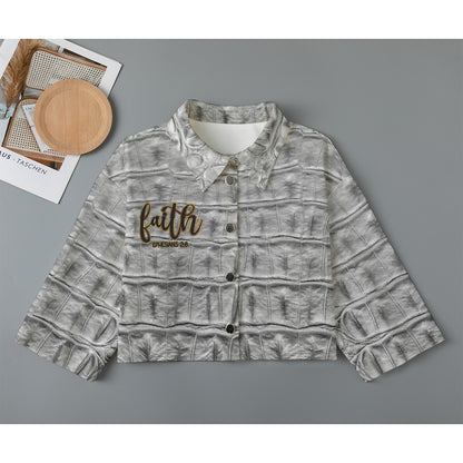 "Faith Ephesians 2:8" Gray Faux Alligator Women's Cropped Jacket | 245GSM Cotton