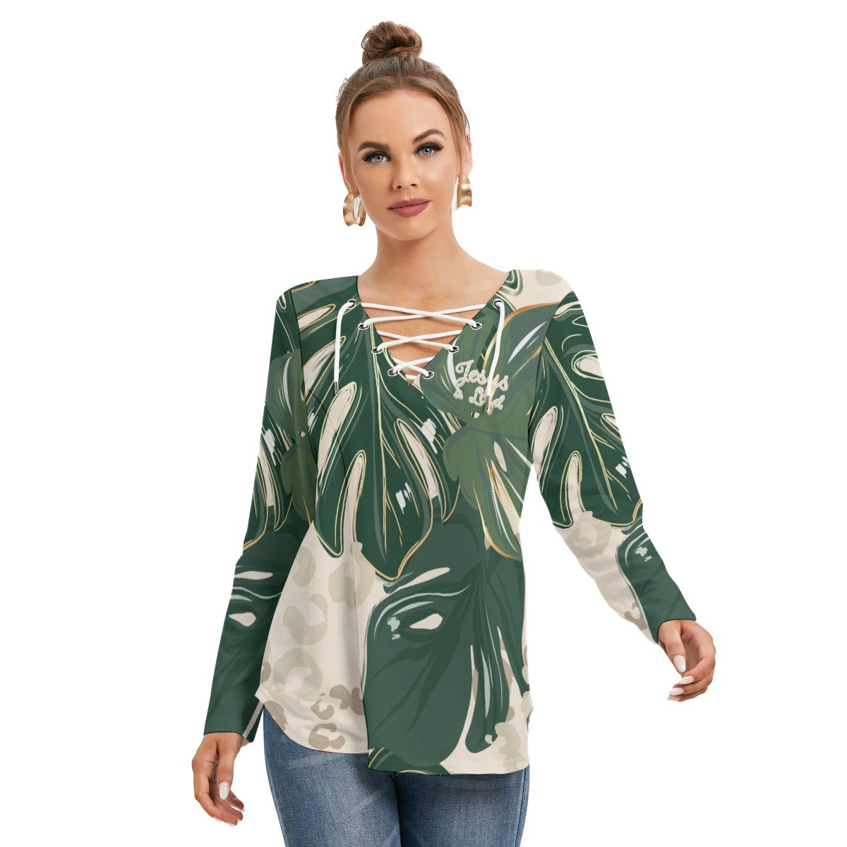 "Jesus is Lord" Green Monstera Floral Women's Long Sleeve Neckline Tie Sweatshirt