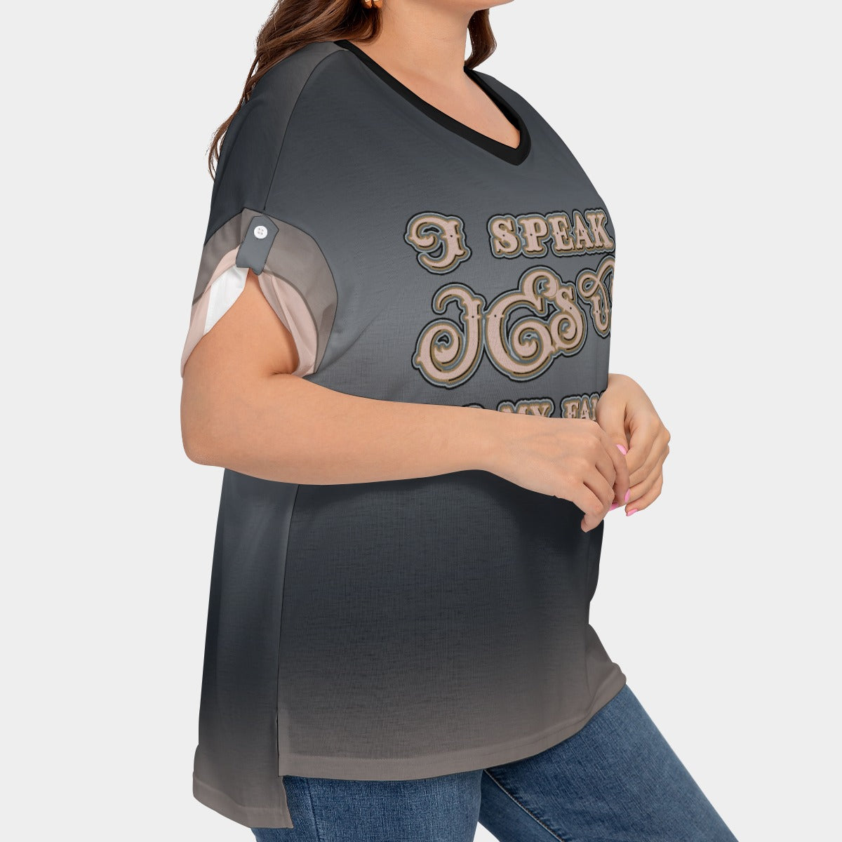 Women's Drop-Shoulder Short Sleeve T-shirt with Sleeve Loops - Plus Size "I Speak Jesus for my Family"