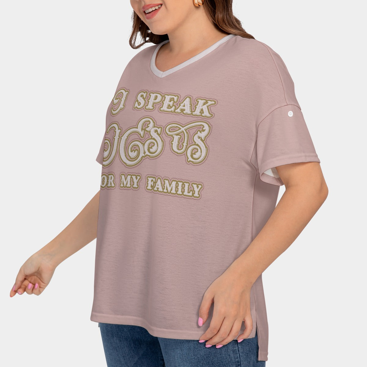 Women's Drop-Shoulder Short Sleeve T-shirt with Sleeve Loops - Plus Size "I Speak Jesus for my Family"