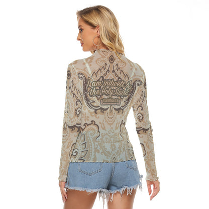 Beige Paisley Print Women's Mesh T-shirt "I am indwelt by the Holy Spirit"