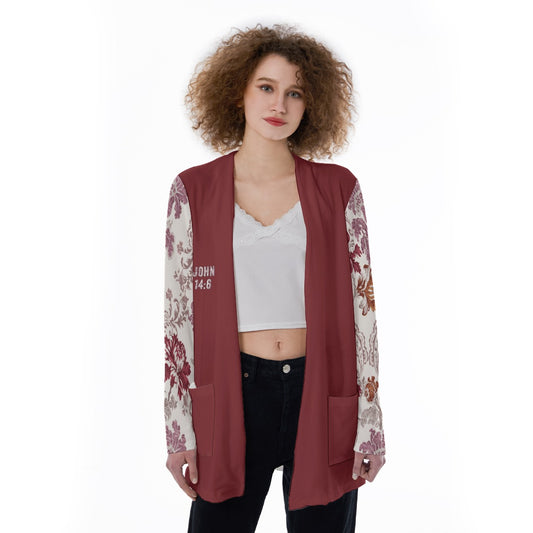 "John 14:6" Red Women's Cardigan With Pockets