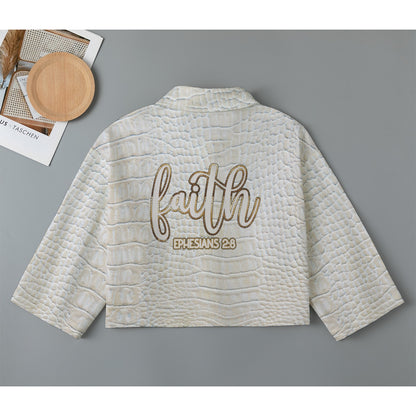 "Faith Ephesians 2:8" Cream Alligator Print  Women's Cropped Jacket | 245GSM Cotton