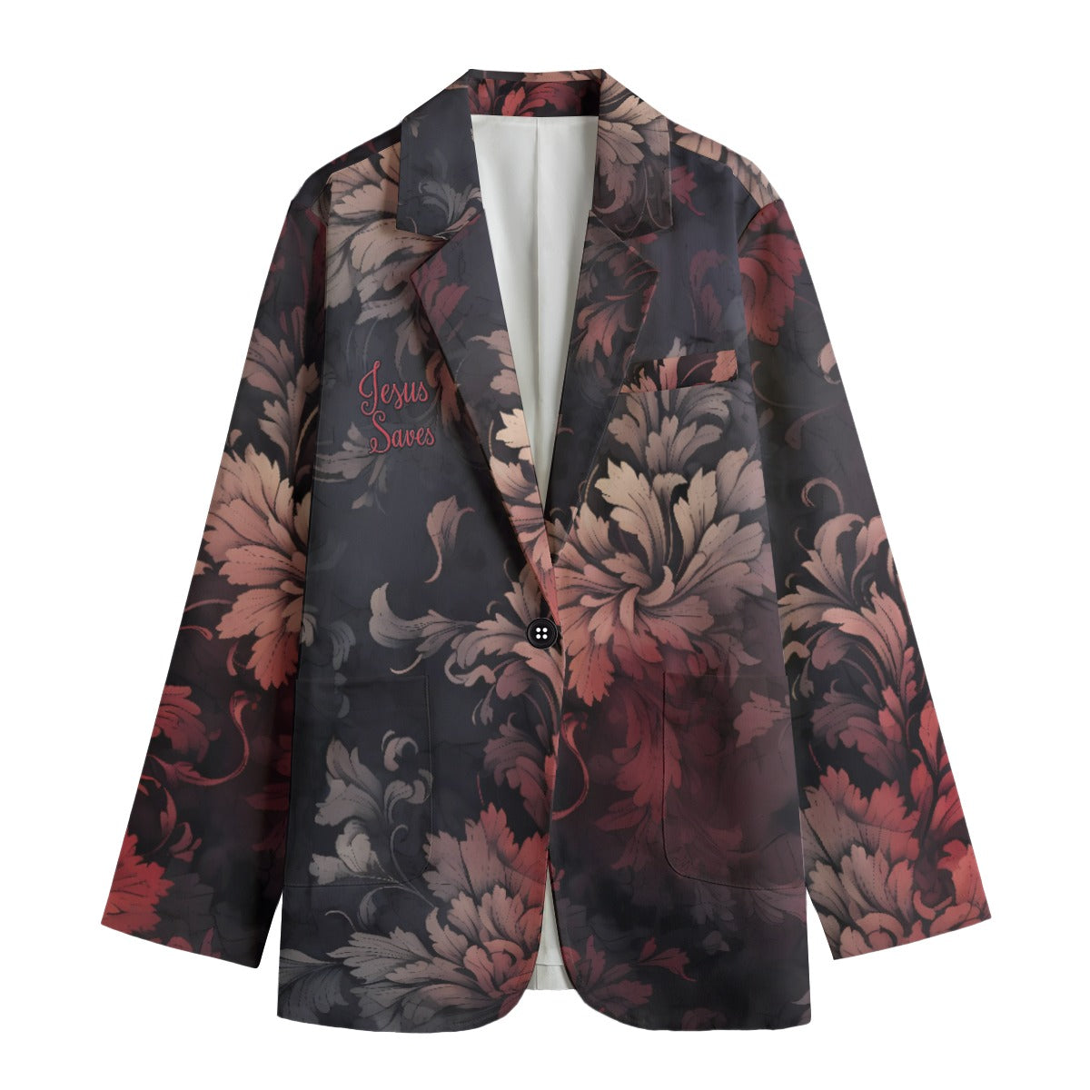 Barb's Fav Jesus Saves Red & Black Floral Polyester Women's Blazer