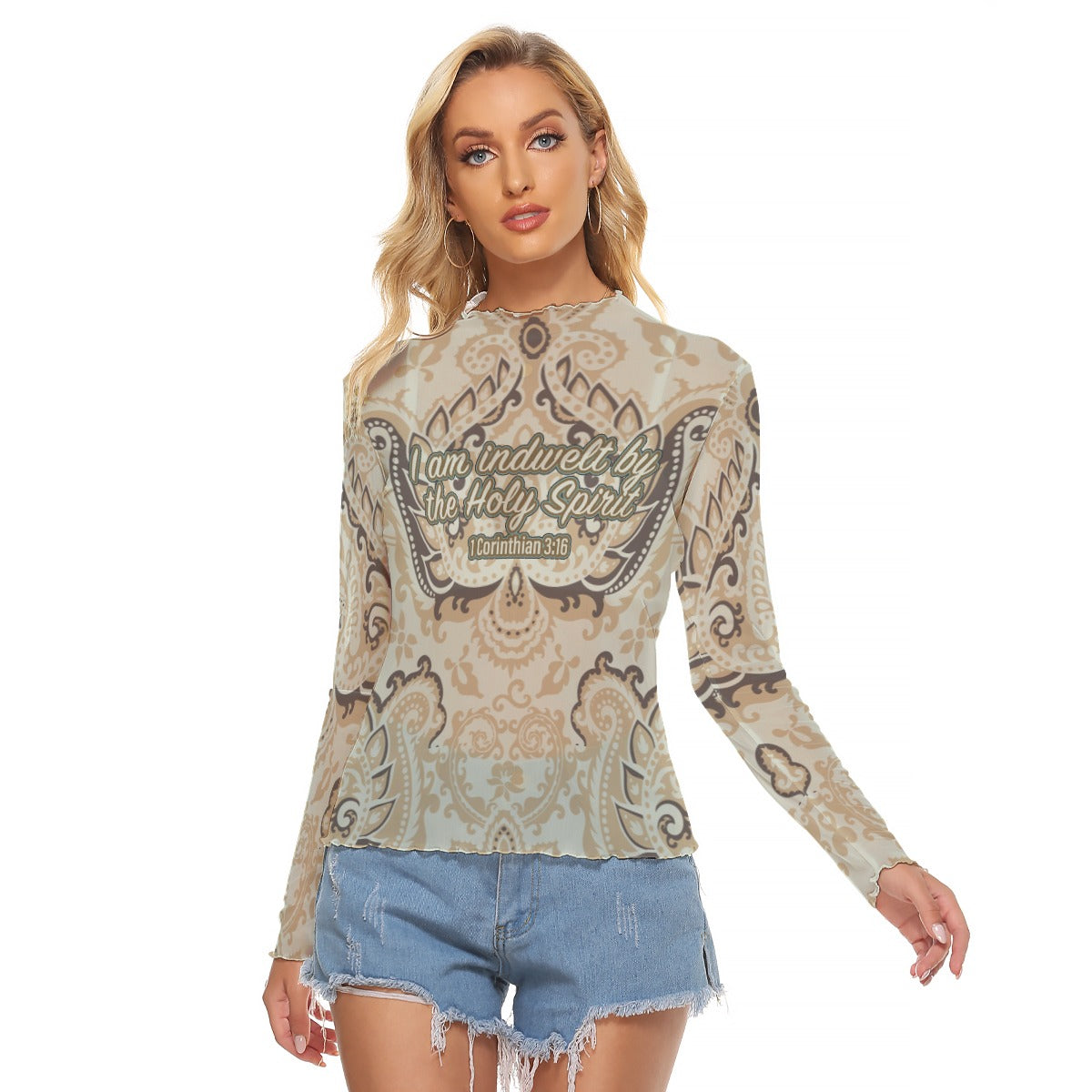 Beige Paisley Print Women's Mesh T-shirt "I am indwelt by the Holy Spirit"
