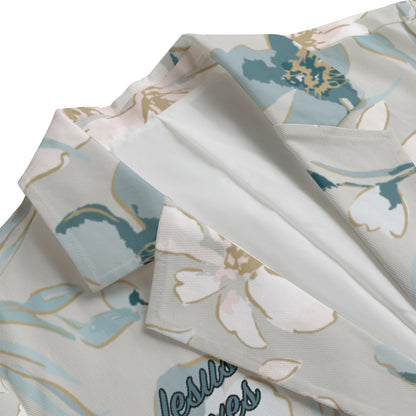 "Jesus Saves" Blue FloWomen's Leisure Blazer - 100% Cotton, Flat Lapel Collar, Regular Fit | 245g/m²