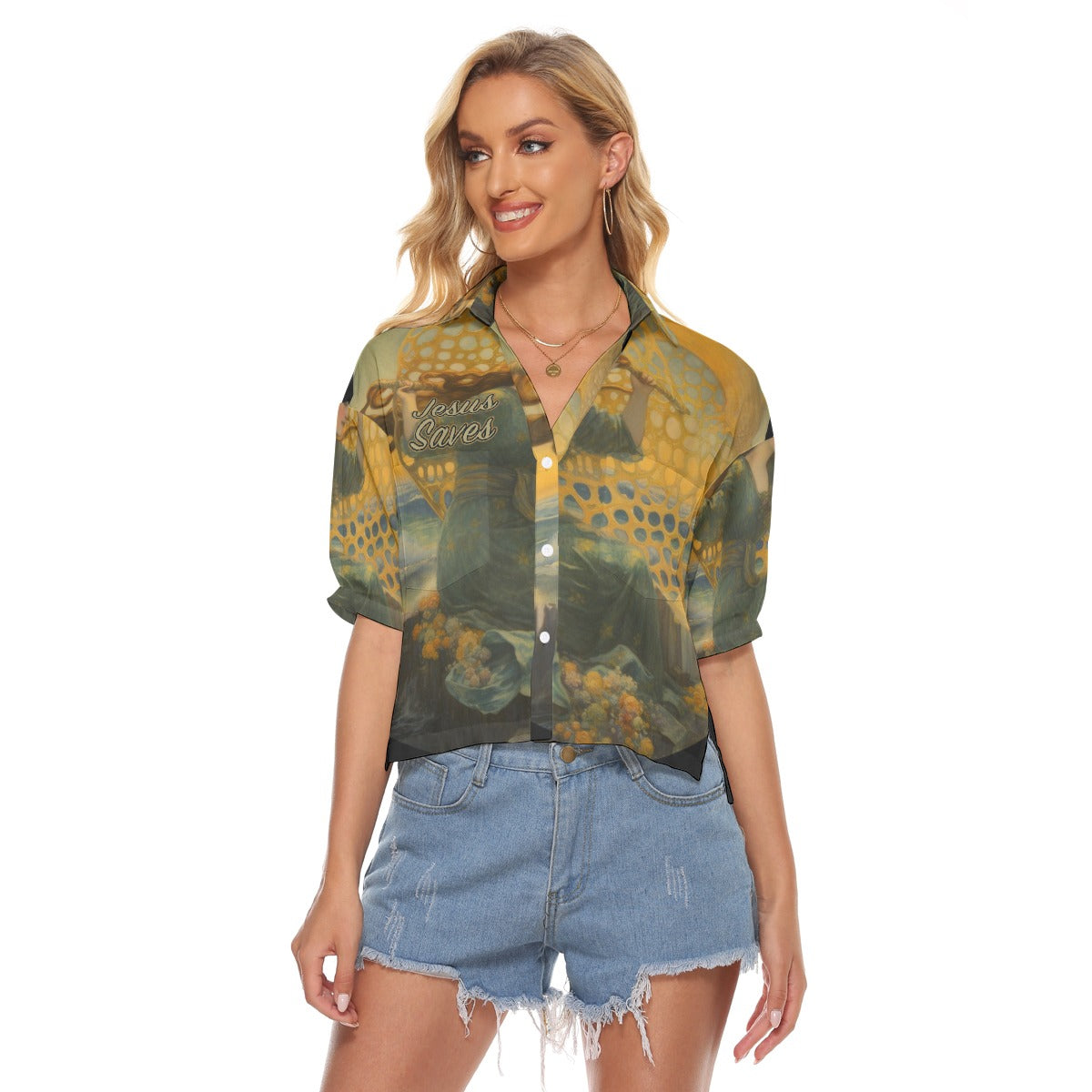 "Jesus Saves" Women's Fashionable V-neck Loose Fit Polyester Shirts with Side Slits and Double Pockets