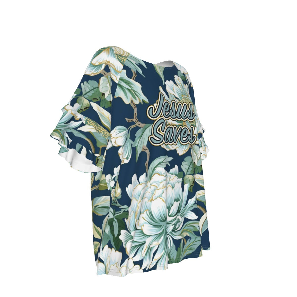 "Jesus Saves" Blue Floral Women's Comfortable Round Neck Raglan Sleeve T-Shirt for Casual Style