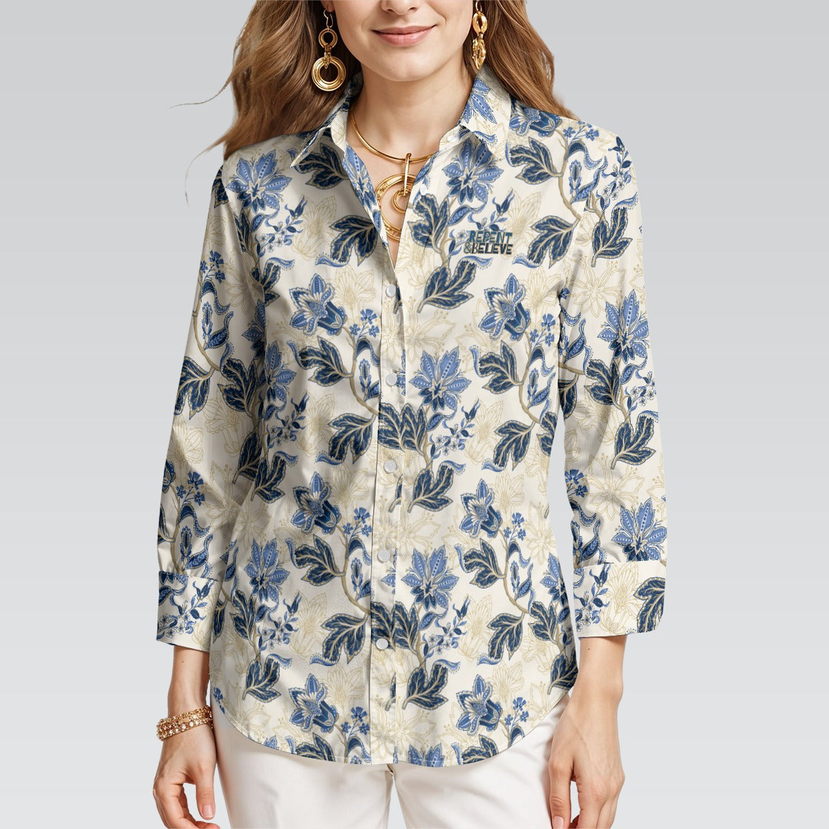 "Repent & Believe" Blue Floral Women's 3/4 Sleeve Button-Down Shirt - Lightweight Polyester Blend
