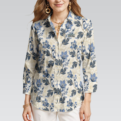 "Repent & Believe" Blue Floral Women's 3/4 Sleeve Button-Down Shirt - Lightweight Polyester Blend