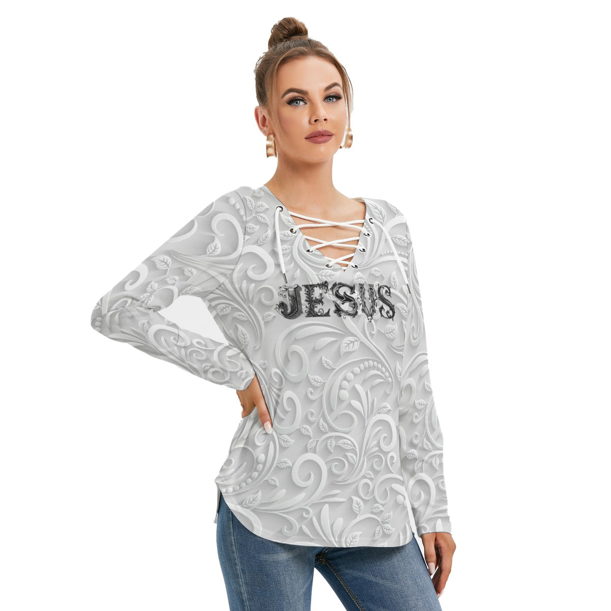 "Jesus is the way" White Faux Texture Design Women's Fashionable Neckline Tie Sweatshirt, Poly-spandex Blend, Regular Fit