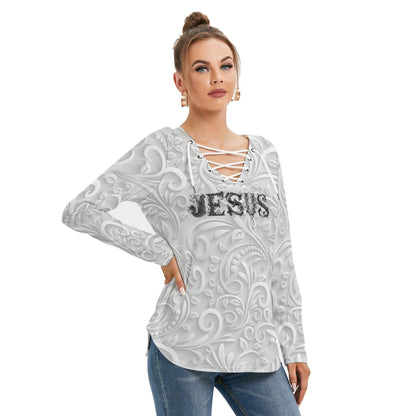 "Jesus is the way" White Faux Texture Design Women's Fashionable Neckline Tie Sweatshirt, Poly-spandex Blend, Regular Fit