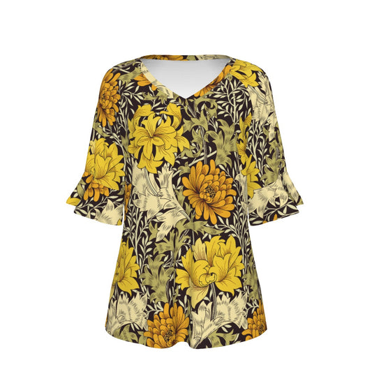 "Faith Hebrews 11:1" Black & Yellow Floral V-neck Women's T-shirt With Bell Sleeve