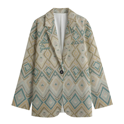 "Jesus Saves" Blue & Beige Diamond Faux Texture Women's Leisure Blazer