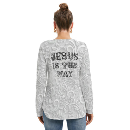 "Jesus is the way" White Faux Texture Design Women's Fashionable Neckline Tie Sweatshirt, Poly-spandex Blend, Regular Fit