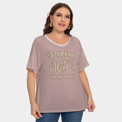 Women's Drop-Shoulder Short Sleeve T-shirt with Sleeve Loops - Plus Size "I Speak Jesus for my Family"