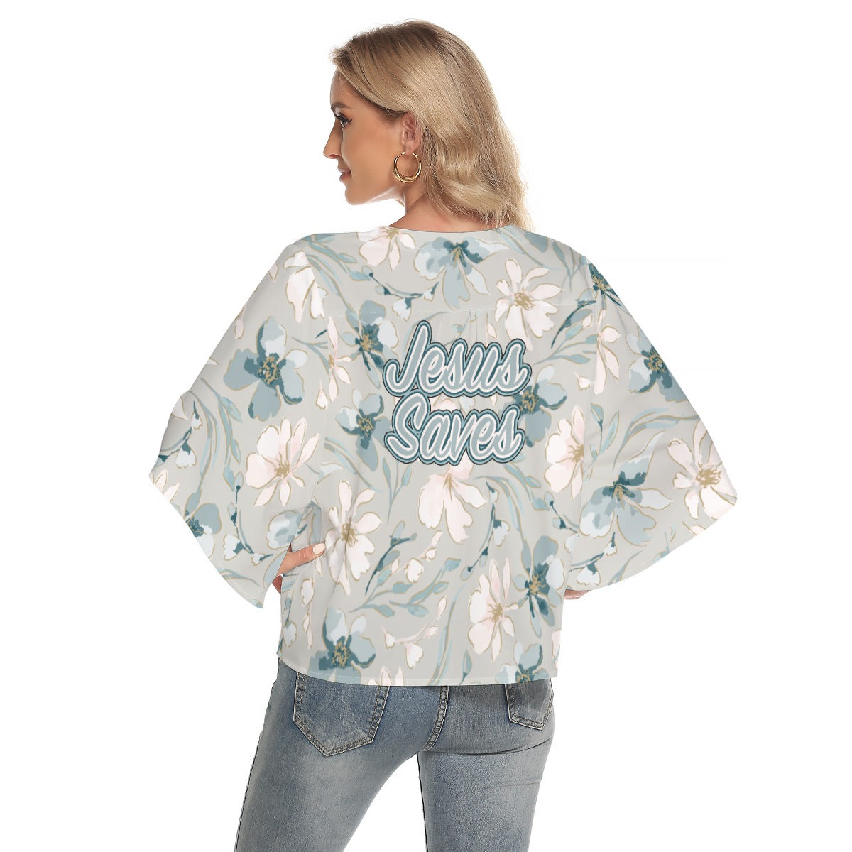 Elegant Women's Bat Sleeve V-neck Buttoned Top with Jesus Saves Design